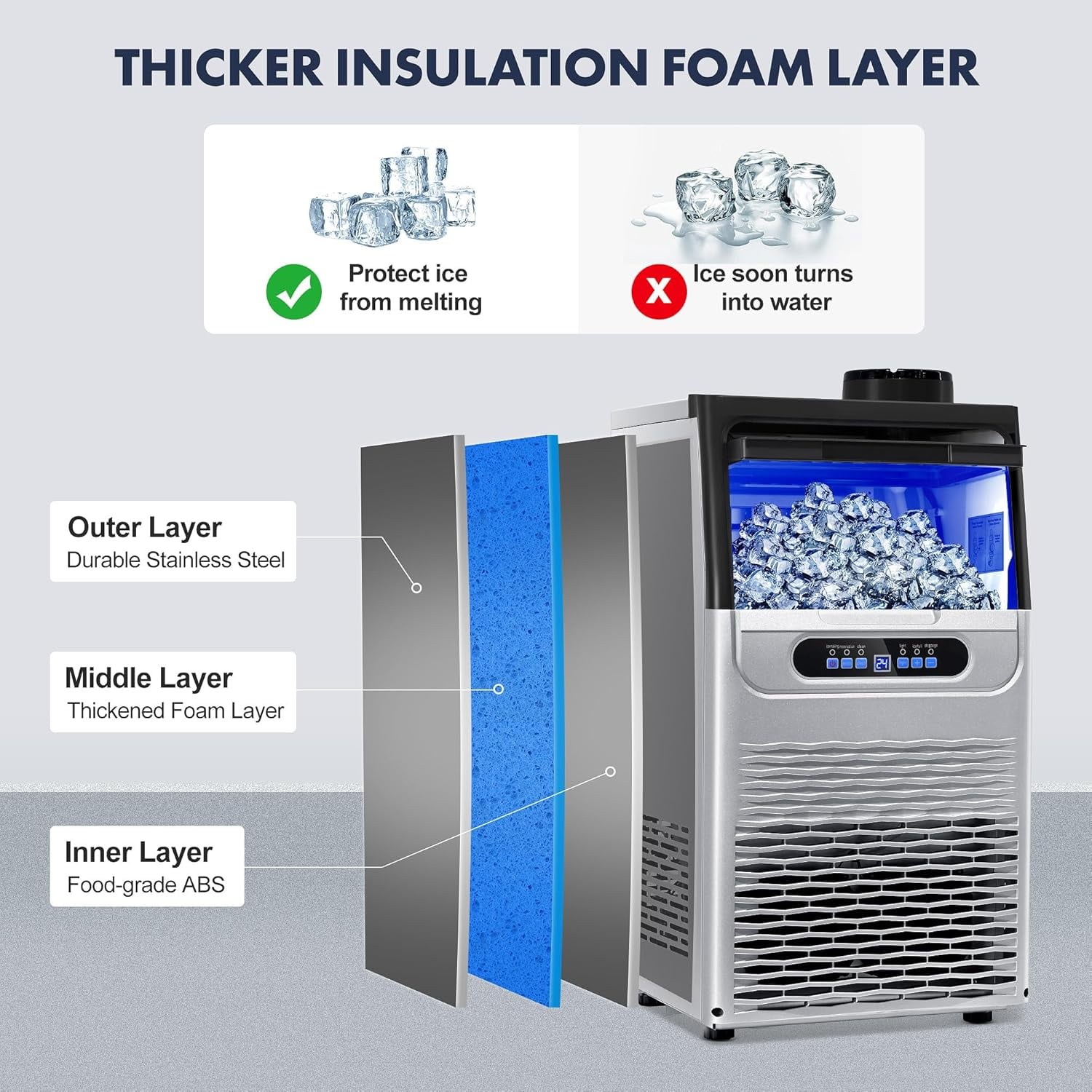 Commercial Ice Maker Machine, 80LBS/24H Under Counter Ice Maker, Stainless Steel Freestanding Ice Machine with 22LBS Bin, Self-Cleaning, Scoop, Ideal for Home Bar Offices