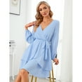 thumbnail image 3 of Womens Skater Dresses Sexy V Neck Short Sleeve Tie Waist Solid Ruffle Boho Flowy Swing Mini Dress, 3 of 5