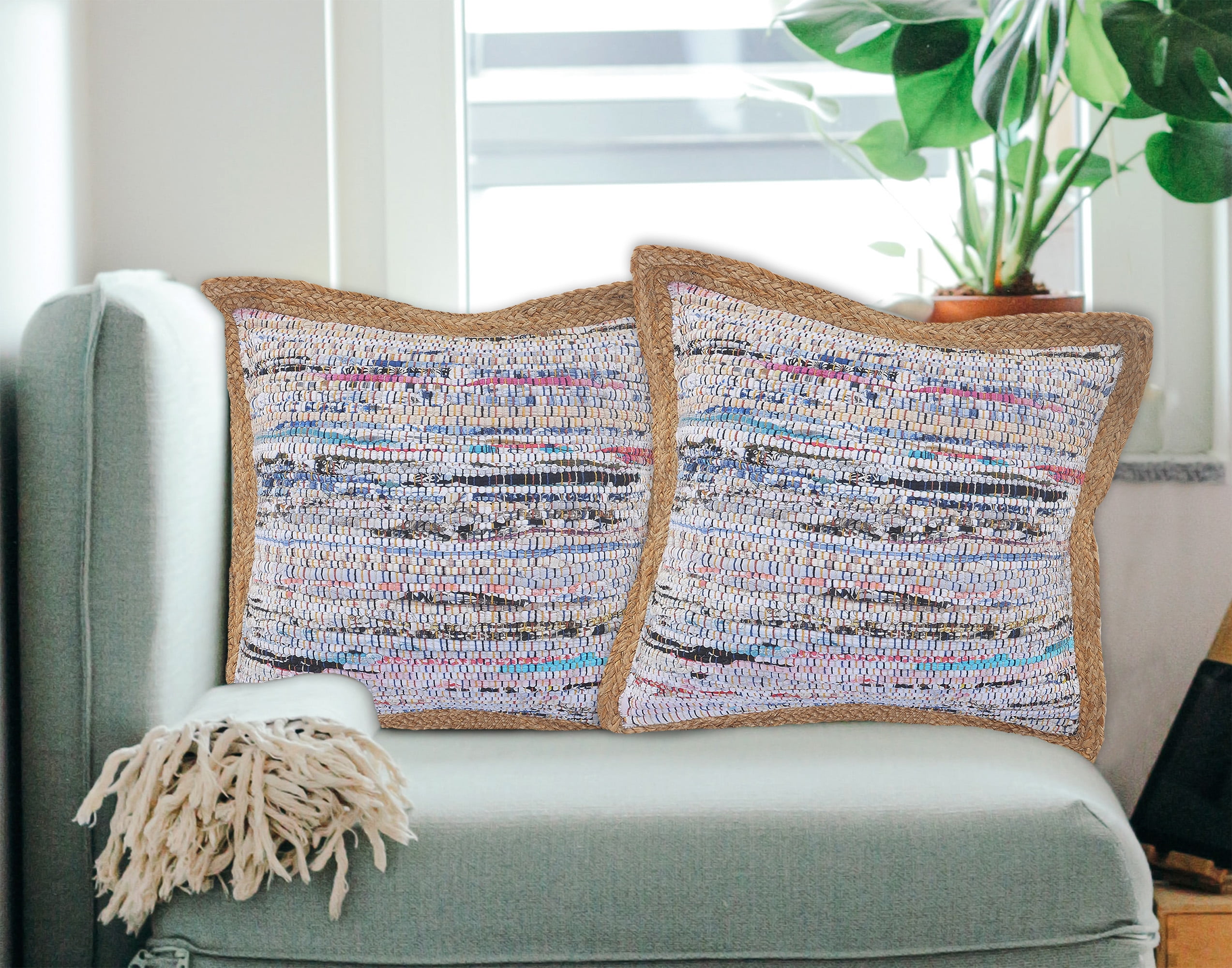 LR Home Ringo Set of 2 Pastel 20" x 20" Jute Bordered Striped Cotton Blend Adult Decorative Throw Pillow Set