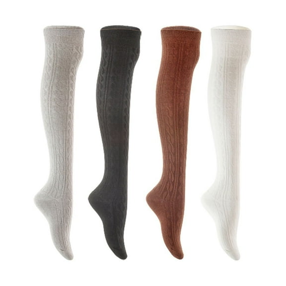 Lian LifeStyle Women's 4 Pair Adorable Comfortable Soft Thigh High Over Knee High Cotton Socks Size 6-9 L1024 Light Grey,Black,Coffee,White
