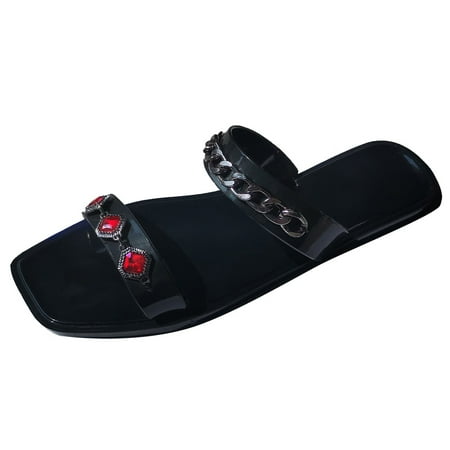 

Slippers for Women Womens Shoes Summer Slippers Metal Chain Square Toe Slippers Fashion Flat Plus Size Diamond Slippers House Slippers Pu 38