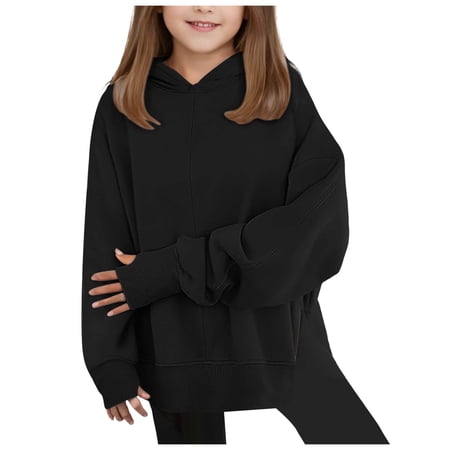 Wxirdiow Girls Fashion Girls Crewneck Hoodies Long Sleeve Pullover Tops Drop Shoulder Sweatshirts with Side Split Black Size 7-8 Years