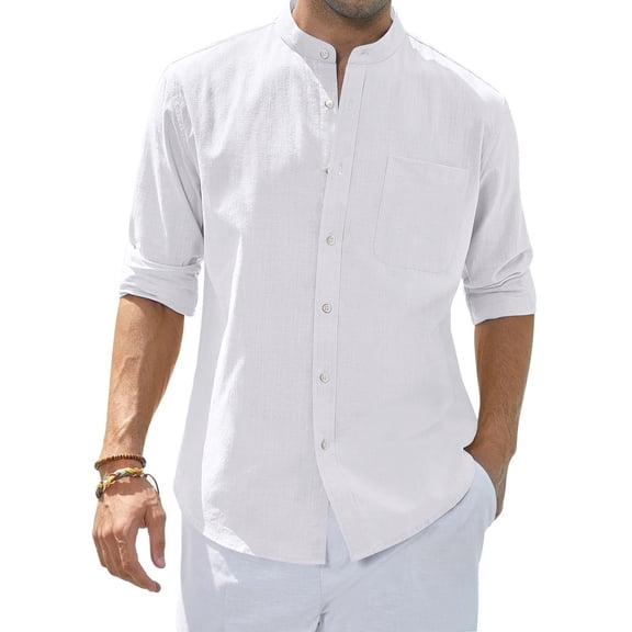 Youclos Men's Cotton Linen-Textured Stand Collar Long Sleeve Shirt - Breathable Soft Easy Care Regular Fit Daily Casual Wear