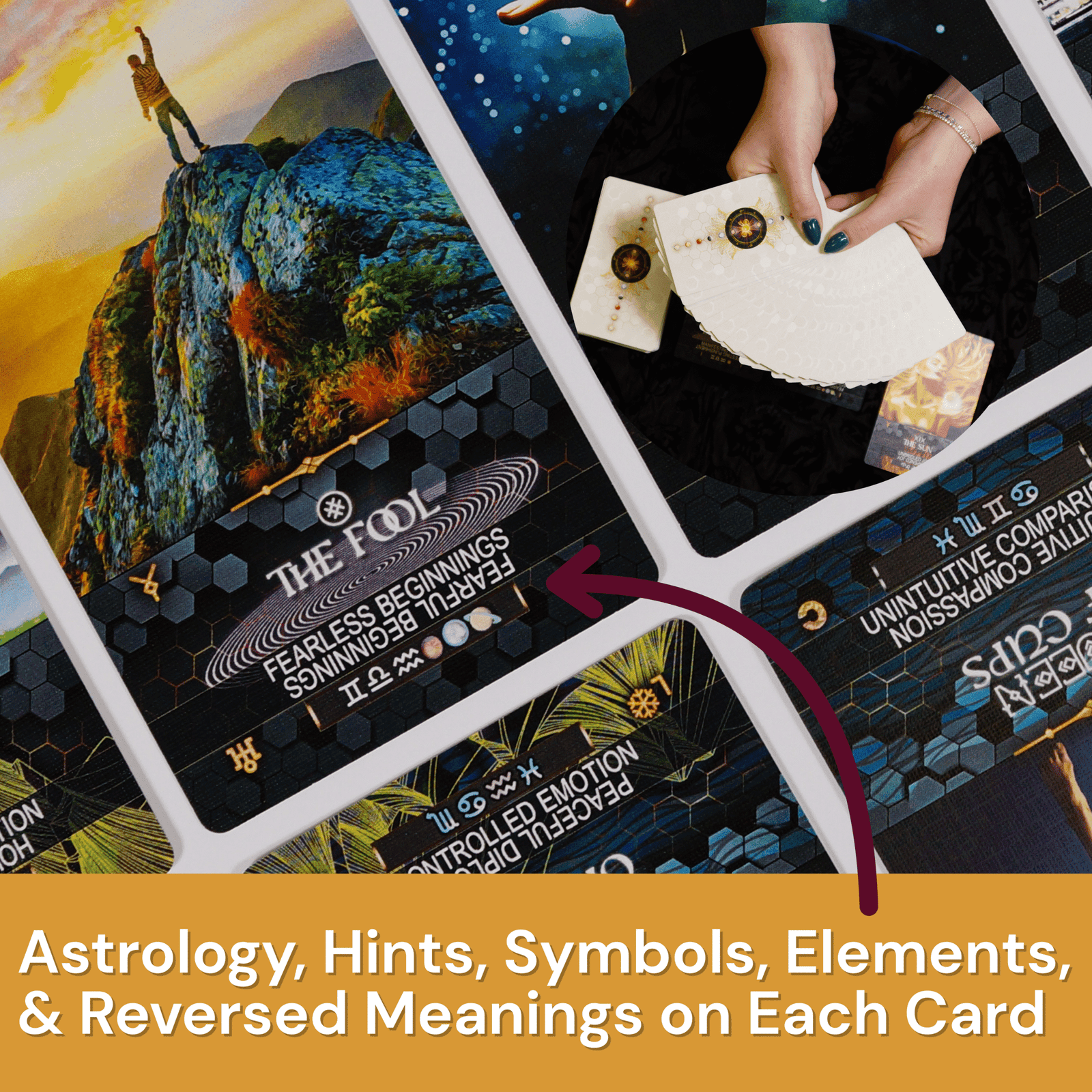 Tarot Skills Star Kissed Tarot Deck, Tarot Cards with Meanings on Them Including “Golden Dawn” Astrology Zodiac and Planets, Keywords, Reversed, Elements