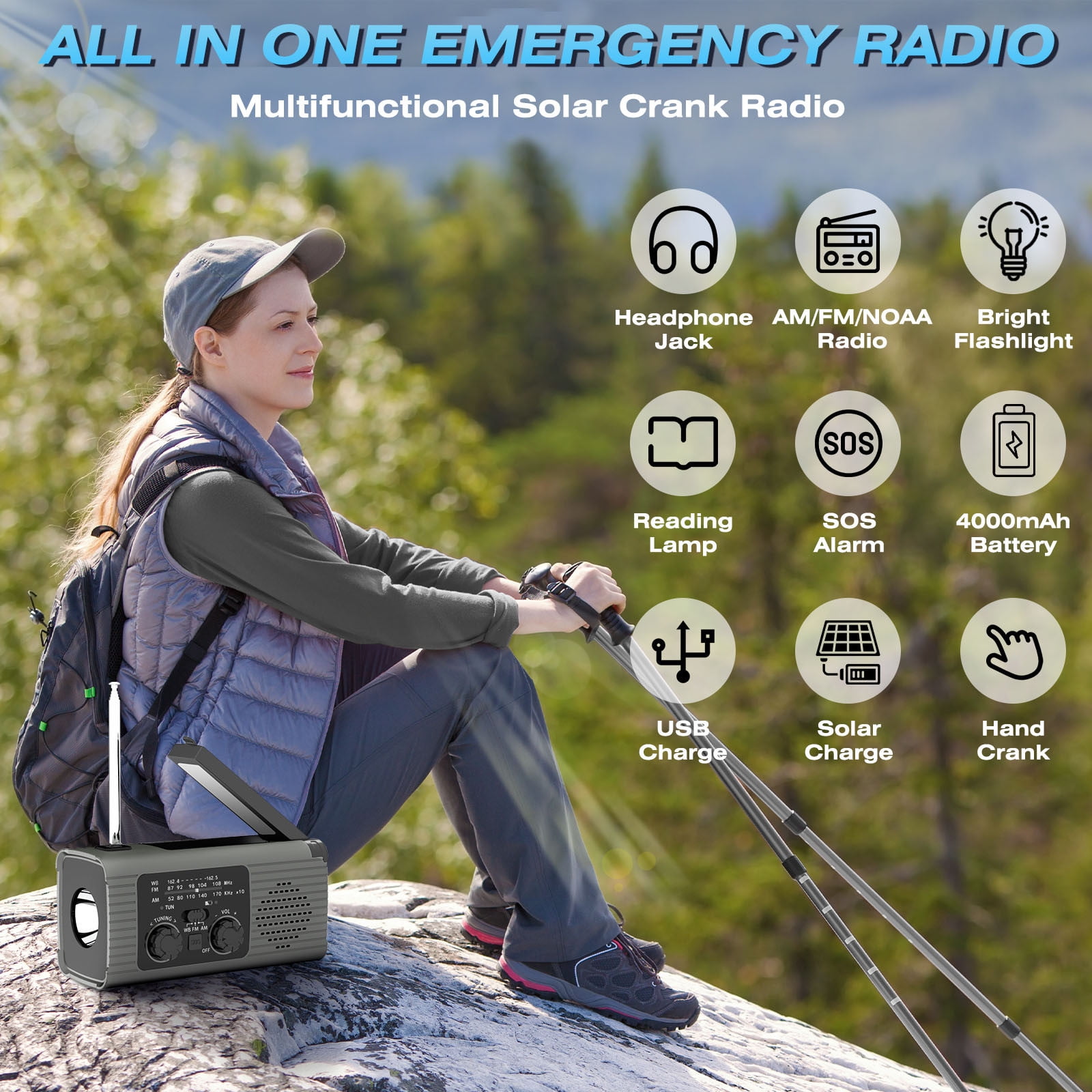4000mAh Hand Crank Solar Emergency Weather Radio, With Full Band NOAA AM FM Signal Reception Layout, Practical Survival Gear For Outdoor Camping Hiking Wilderness Emergency Preparation