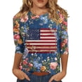 thumbnail image 2 of Women's Independence Day 3/4 Sleeve Sweaters, Casual Flag Printed T-shirt, Plus Sized Spring Round-neck Loose Fit Tops for Womens, 2 of 5