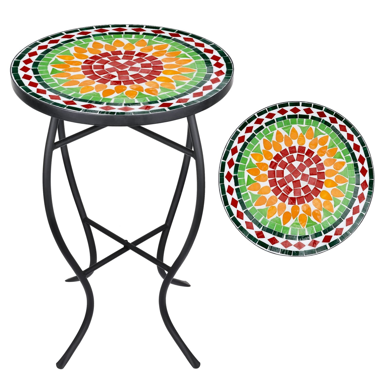 Mosaic Outdoor Side Table, 14" Round Folding End Table, Patio Accent Table Indoor Plant Stand