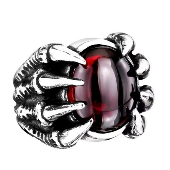 PAMTIER Men's Stainless Steel Vintage Domineering Gothic Punk Dragon Claw Oval Red Gemstone Biker Ring European and American Style Silver Size 7