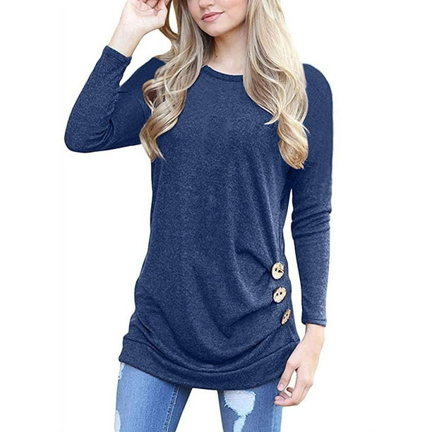 Blusa informal de manga larga con cuello redondo y cuello redondo para mujer Xemadio CJWUS-4417