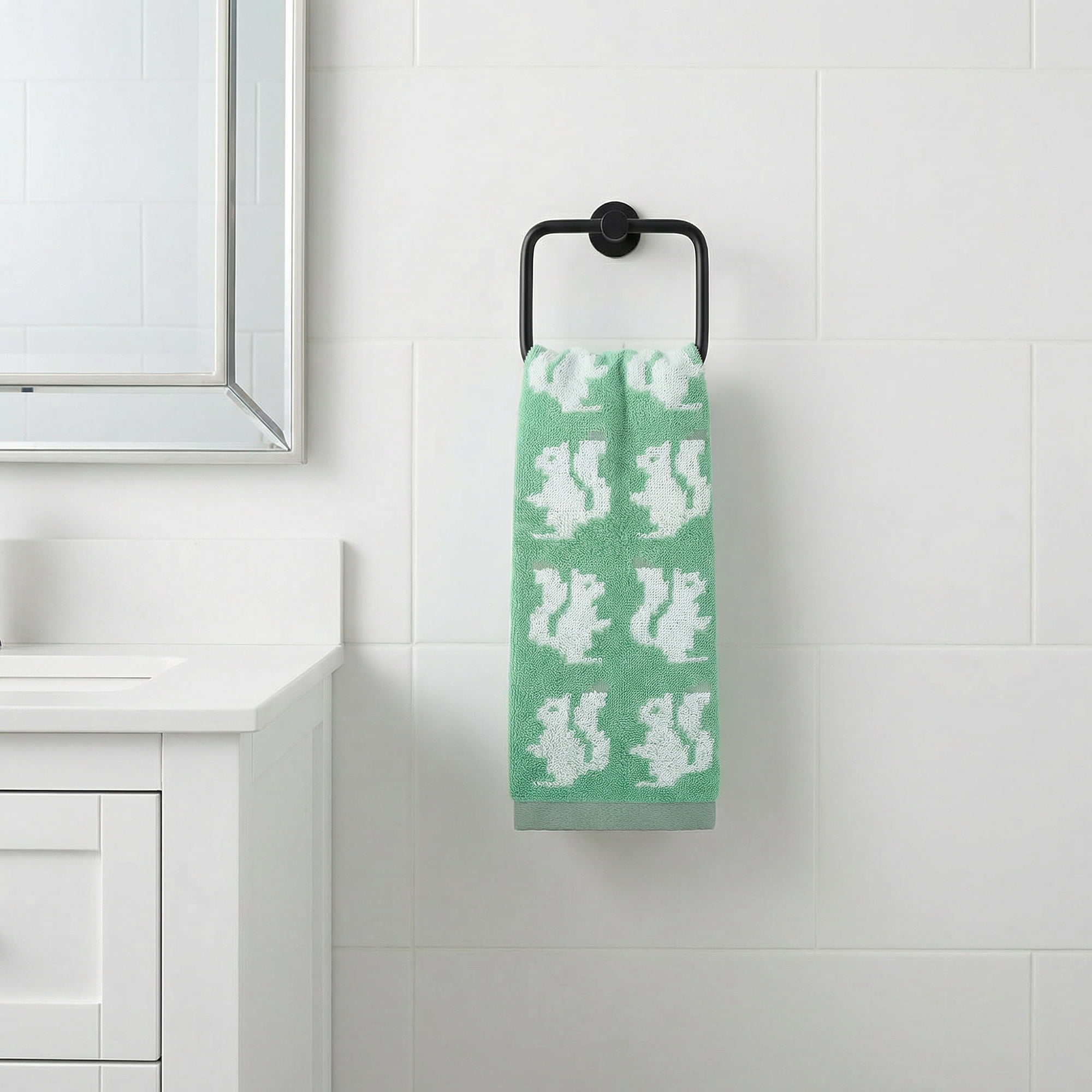Unique Bargains Cotton Cute Cartoon Jacquard Soft Hand Towel Dark Green 29" x 13"