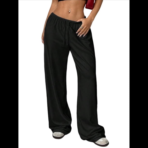 Pantalones Deportivos Rectos de Pierna con Cintura con Cordón para Mujer, Pantalones Casuales Holgados y Largos de Verano. Negro XL
