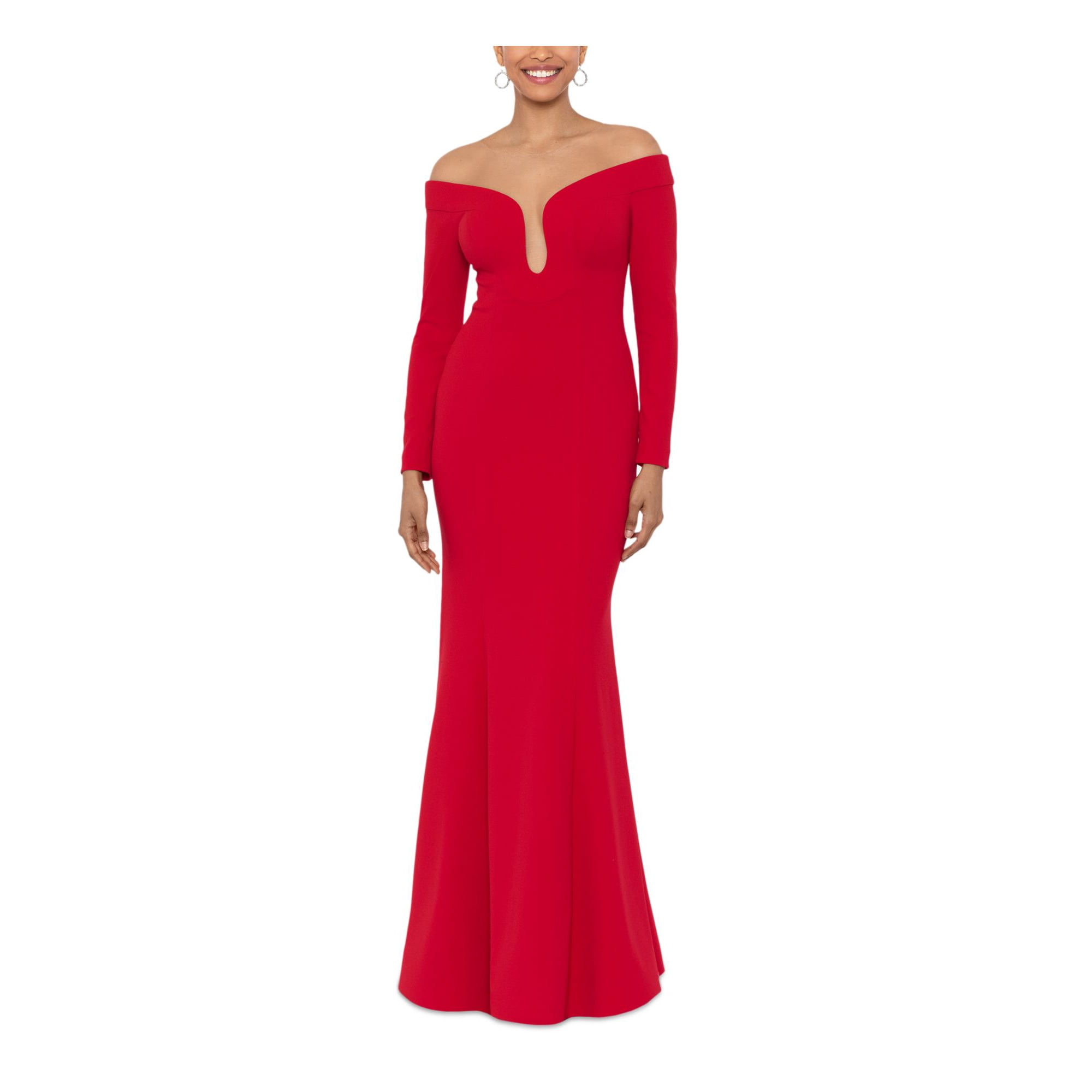 XSCAPE Womens Red Zippered Lined Off The Shoulder Keyhole Long Sleeve Illusion Neckline Full Length Gown Dress 10 Walmart