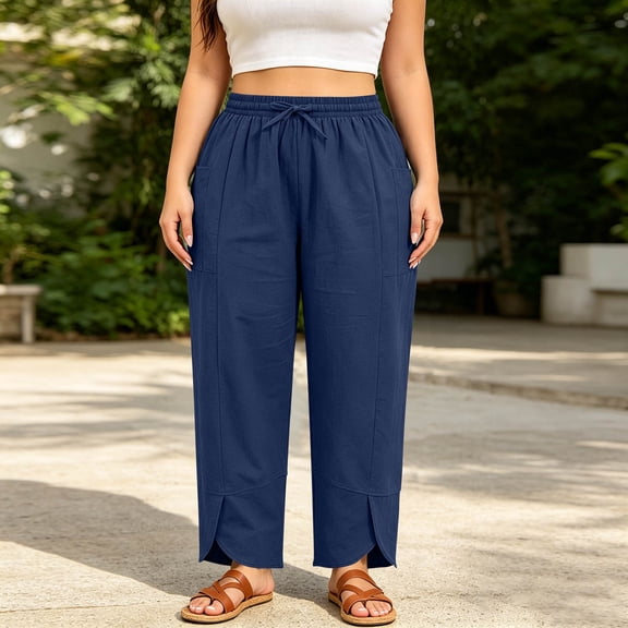 HongQid Plus Sized Cotton Linen Pants for Women Lightweight Casual Elastic Drawstring Waist Split Hem Boho Lounge Trousers With Side Pockets,2XL