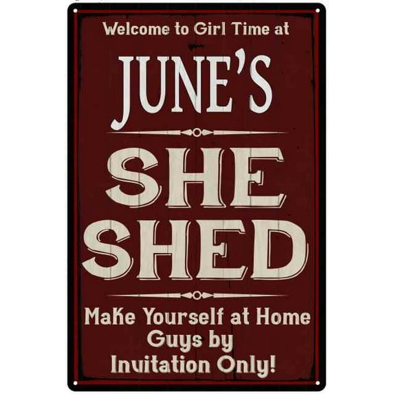 JUNE'S She Shed Sign Red Wall Shack Decor Lady Cave 8 x 12 Matte Finish Metal 108120088179
