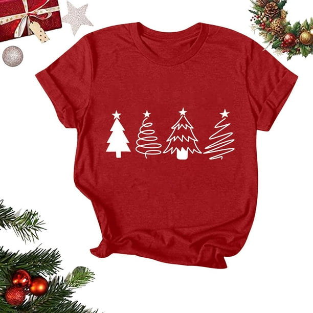 Fiudx Ofertas Flash Del Día Camiseta de Manga Corta con Cuello Redondo y Estampado Navideño para Mujer