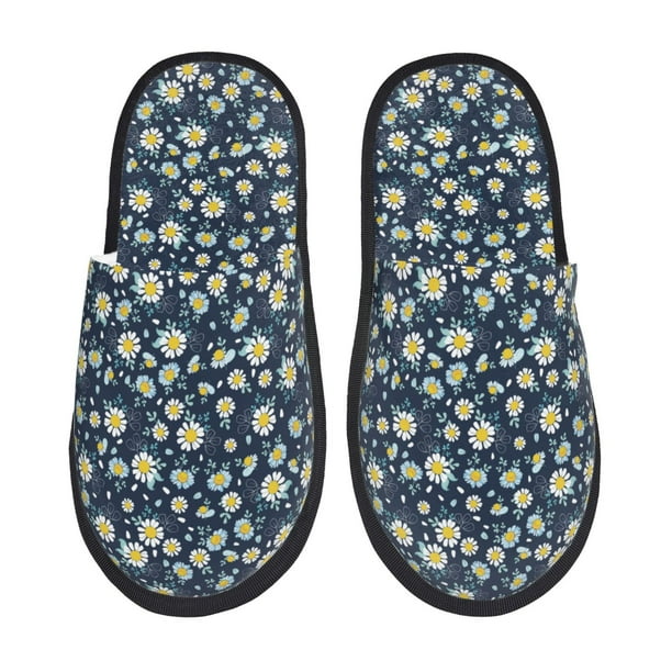 Fotbe Daisy Floral B Pantuflas Peludas para Mujer con Estampado, Zapatillas de Peluche, Zapatos de Invierno para Casa, Uso Interior y Exterior-Large