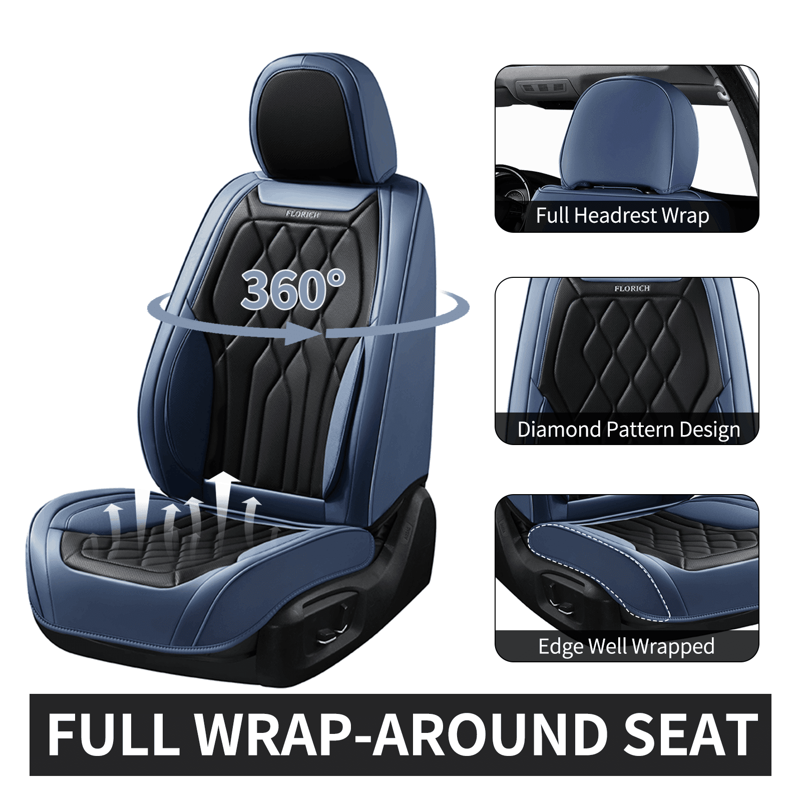 FLORICH Car Seat Covers Full Set, Waterproof Faux Leather Seat Protectors, Automotive Interior Cushions Universal Fit for Most Cars Suv Trucks, Black & Blue