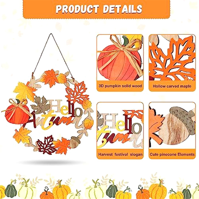 Fall Front Door Decor, 12 Inch Fall Wreaths for Front Door, 3D Wooden Fall Door Sign Hanging Pumpkin Maple Leaf Wreath