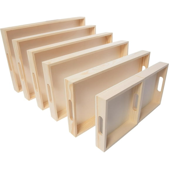Wooden Nested Serving Trays – Set of 7 Unfinished Rectangle Trays with Cut-Out Handles for Crafts, Serving and Home Décor