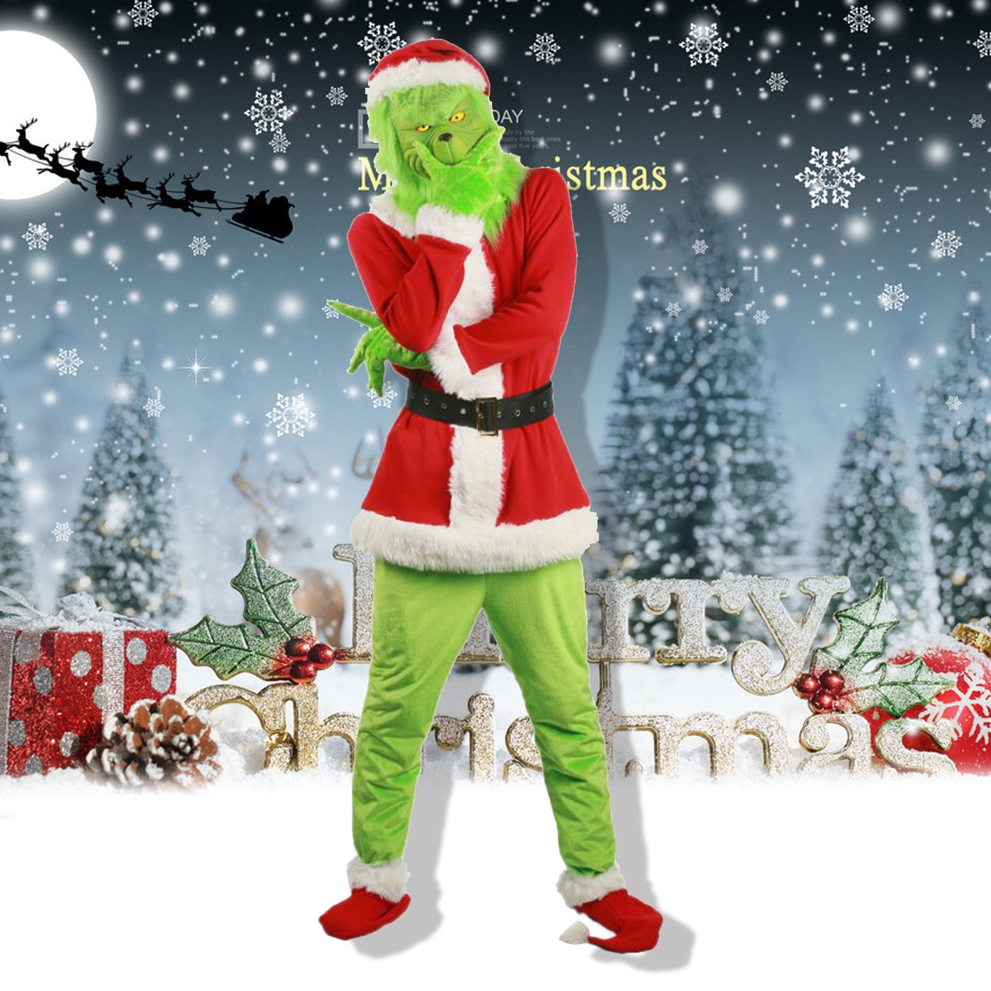 2018 The Grinch Cosplay Kid's Jumpsuit Mask Costume Green Suit Christmas Outfit 