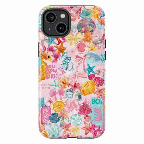 Colorful Coastal Summer Collage Phone Case, Cute Pink Aesthetic iPhone Cover with Fun Summer & Beach Icons, Protective Case for iPhone 16 15 14 13 12 11 Pro Max Mini