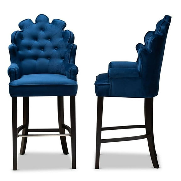 Wholesale Interiors Baxton Studio Chloe Modern and Contemporary Navy Blue Velvet Upholstered and Dark Brown Finished Wood 2-Piece Bar Stool