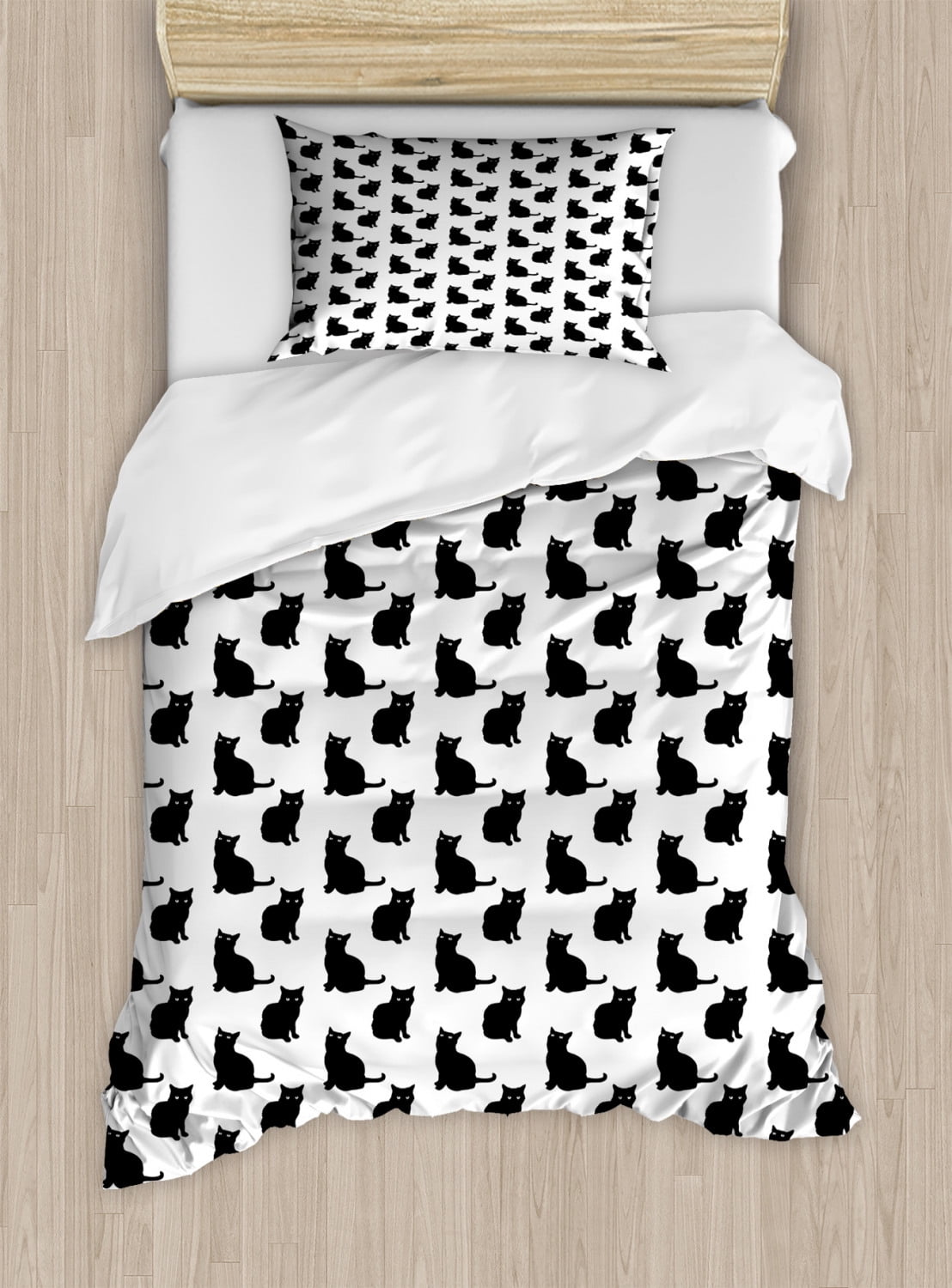 Cat Duvet Cover Set Cute Black Cat Figures On White Backdrop