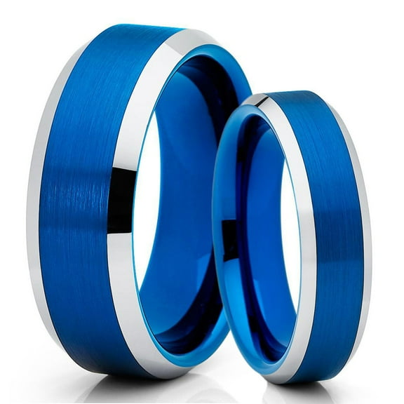 Blue His and Hers Tungsten Wedding Band - 6mm & 8mm - Blue Tungsten - Brush - Silver Edges