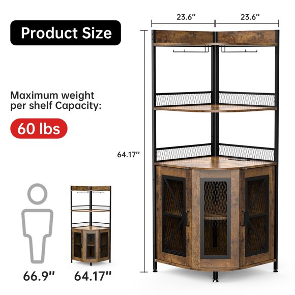 EDTara Corner Bar Cabinet With Power Outlet and LED Strip, Industrial Tall Wine Liquor Cabinet With Storage and Adjustable Shelves, 5-Tiers Lighting Corner Display Bar Unit for Home Small Space