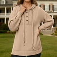 thumbnail image 2 of XIAOCHA Womens Hoodies Button V Neck Long Sleeve Solid Color Ribbed Knit Hooded Sweater Simpel Oversized Pullover Drawstring Top Khaki, 2 of 7