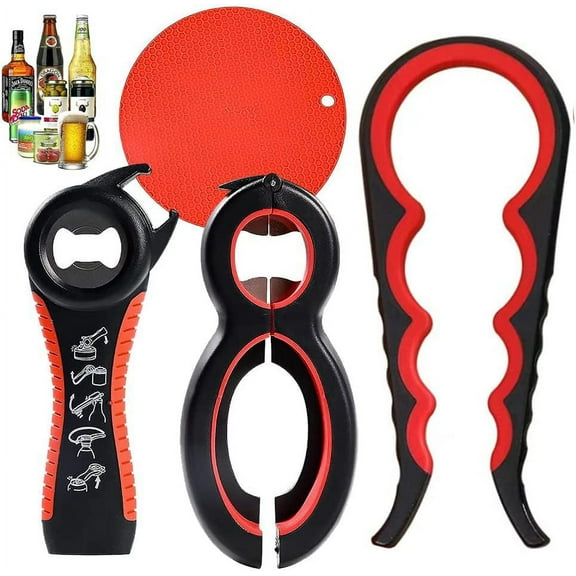 Jar Opener Grabber - 4 Packs Rubber Jar Opener for Weak Hands 6-in-1 5-in-1 Jar Bottle Opener Can Opener for Seniors with Arthritis