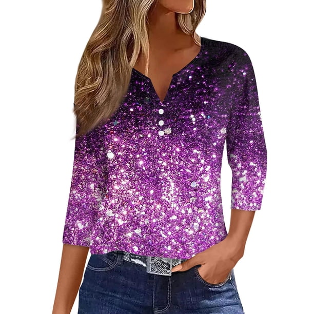 Camiseta Mujer Camiseta Estampado Botón Manga 3/4 Diario Fin de Semana Moda Básica Cuello en V Top Regular Púrpura Rosa/M