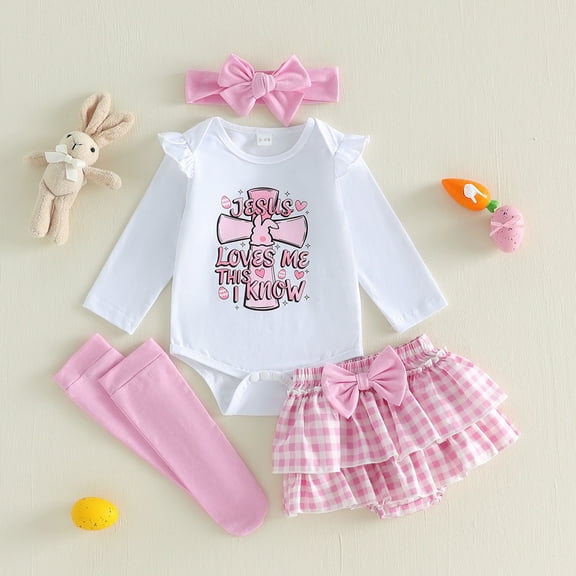 Baby Easter Outfit Girl Long Sleeve Print Romper with Tiered Dress Headband and Socks 4Pcs Set Toddler Girl Outfits White 6-12 Month