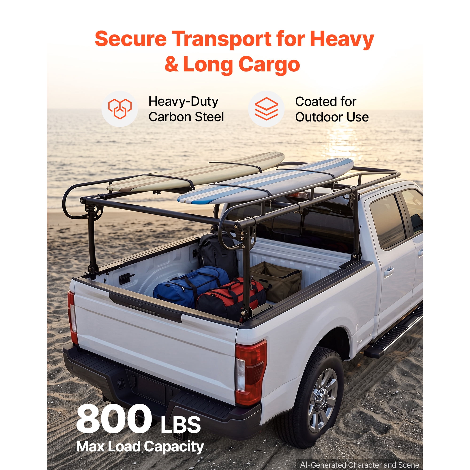 KFFKFF Universal Truck Ladder Rack with 800 lbs Load Capacity, Adjustable Width for Kayaks, Surfboards, and Lumber,Compatible with Short and Long-Bed Trucks,Non-Drilling/Drilling Installation Options