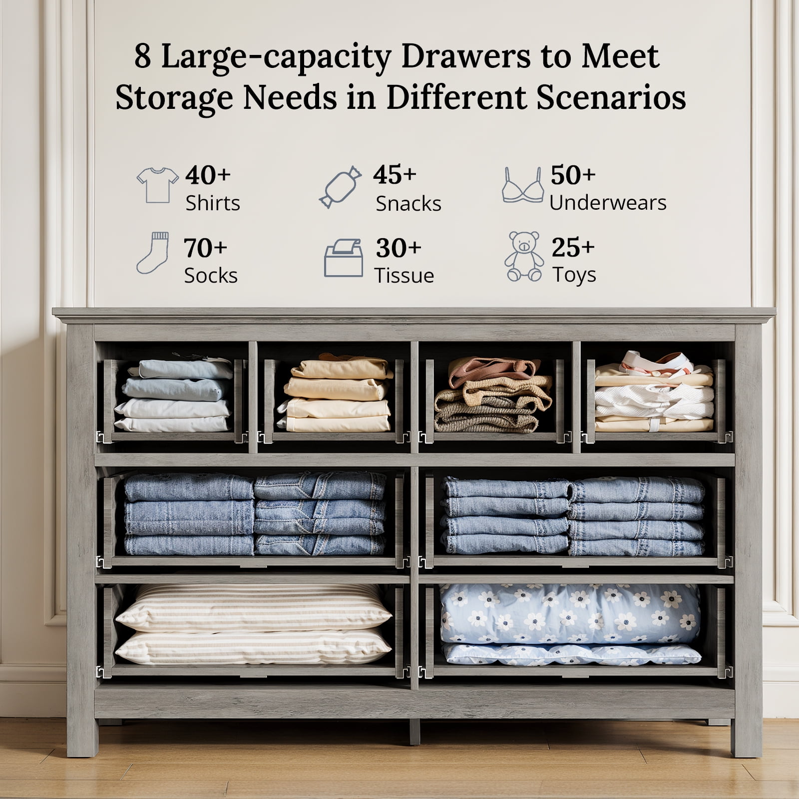 Holliwill 8 Drawers Dresser for Bedroom, Farmhouse Long Dresser Wood Chest of Drawers for Living Room, Entryway, Hallway, Gray
