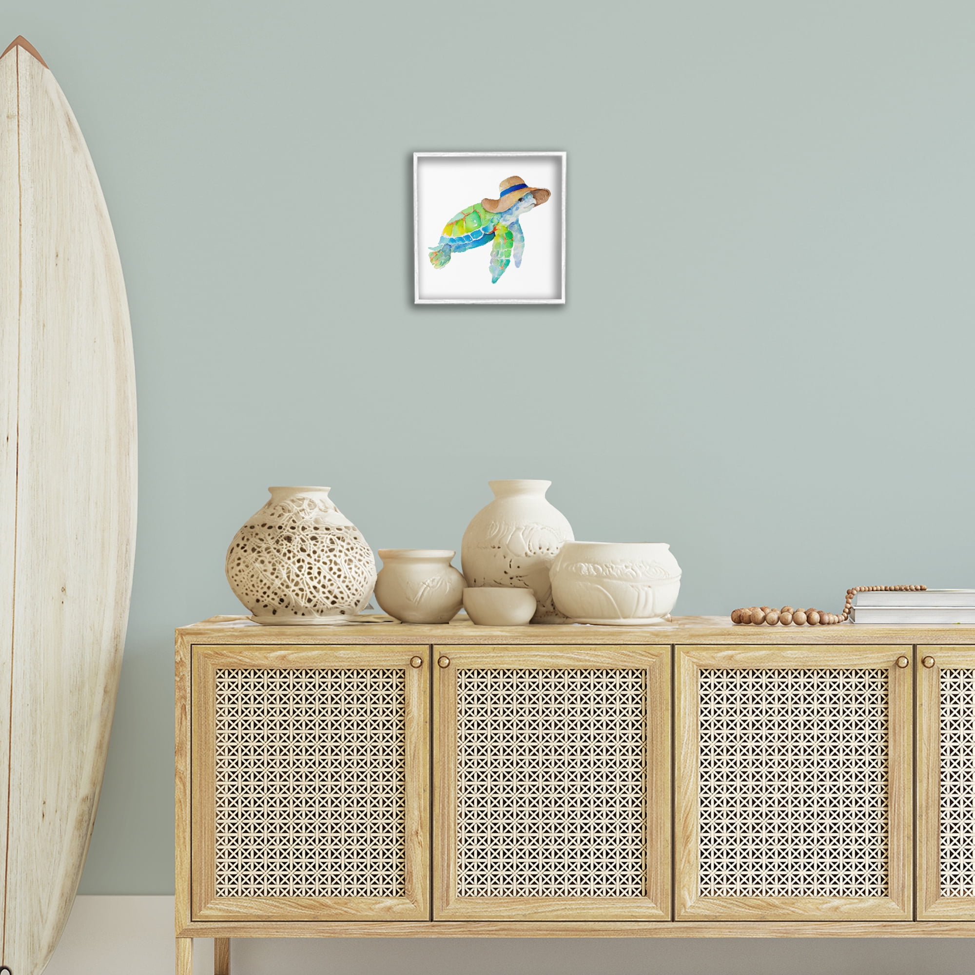 Stupell Industries Beach Ready Turtle Novelty Painting White Framed Art Print Wall Art, 12 x 12