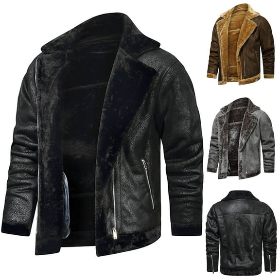 Miluxas Faux Leather Jacket Mens Fur Shearling Neck Winter Warm Zip Up Motorcycle Coat Waterproof Windproof Trucker Coats Gray