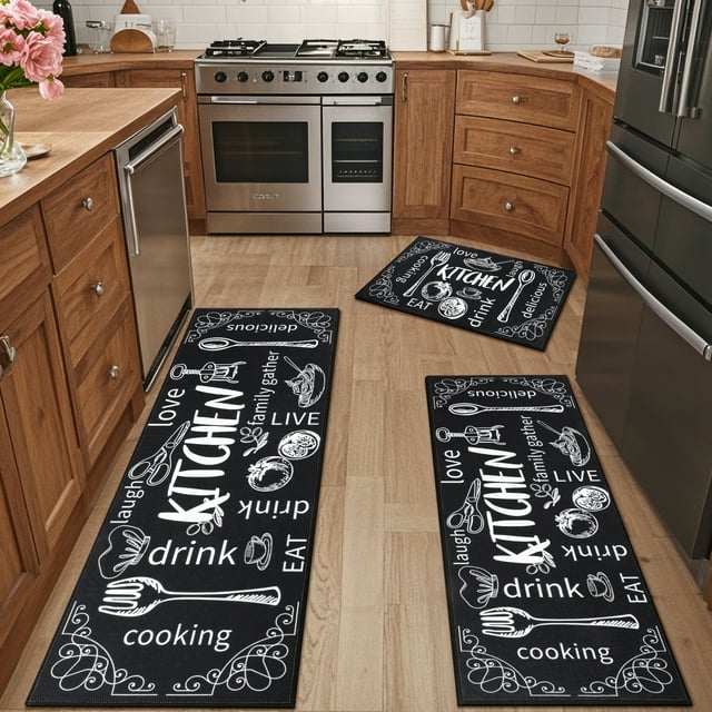 MeyJey Juego de 3 Tapetes de Cocina de Granja Antideslizantes, Lavables a Máquina, Piso Bajo Mats, Tapetes Repelentes Al Agua para Cocina, Comedor y Lavadero, Negro