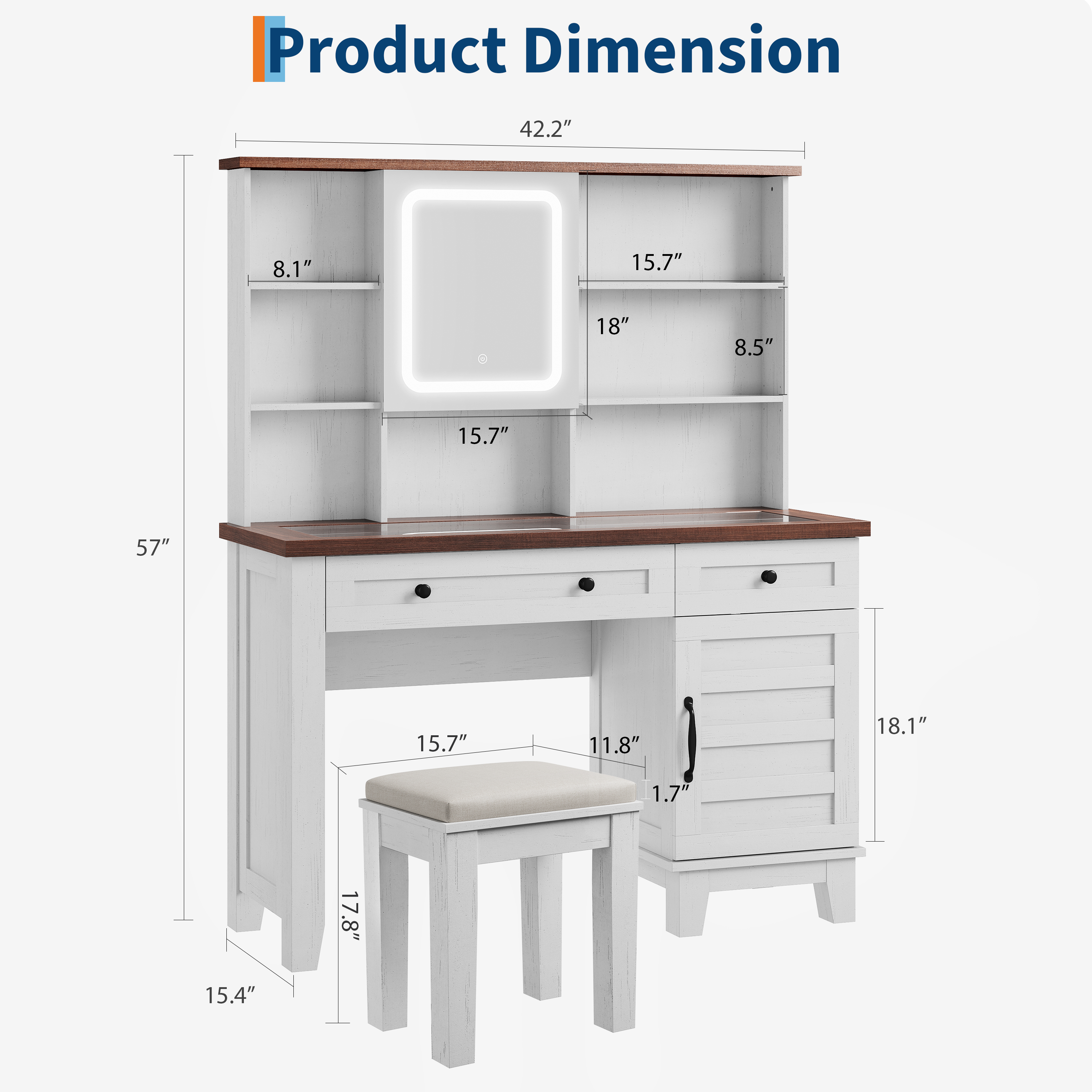 42'' Farmhouse Makeup Vanity Desk with Lighted Mirror, Glass Top, Charging Station, Storage Drawers & Cabinet, Upholstered Stool – Bedroom or Dressing Room – Brown and White