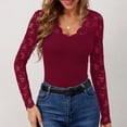 thumbnail image 4 of Delayuji Women's Long Sleeve Shirt Basic Layer Spring Solid Color V Neck Lace Mesh Sleeve Splicing Slim Fit Long Sleeved T Shirt Red, 4 of 7