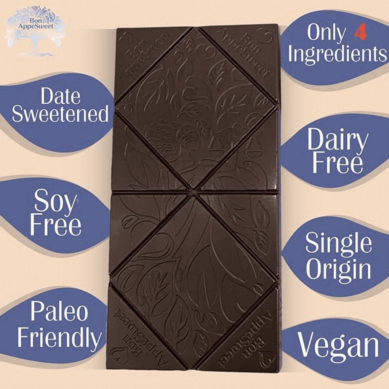 Bon Appesweet Date Sweetened Chocolate Bar - Better than Milk Chocolate | 2.2 Ounce (Pack of 3) | Organic, Zero Added Sugar, 54% Cacao, Plant Based, Dairy Free, and Guilt Free!