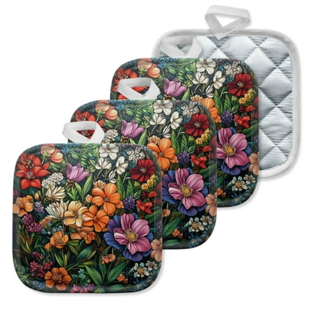 

4Pcs Pot Holder for Kitchen Colorful Wildflowers Blooming Composition Square Heat Resistant Hotpads 8x8in Non Slip Dirt-Proof Kitchen Cook Oven Potholders Machine Washable