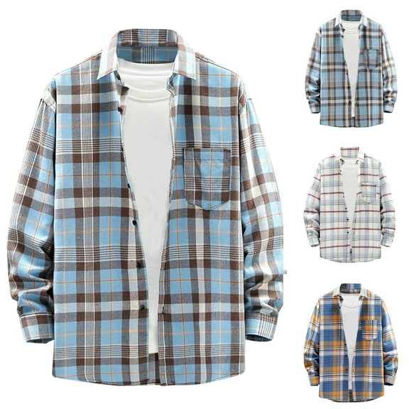 YFNNUP Men Casual Button Down Tshirt Fall Long Sleeve Plaid Shirts Classic Fit Lapel Work Shirt Coat Light Blue L