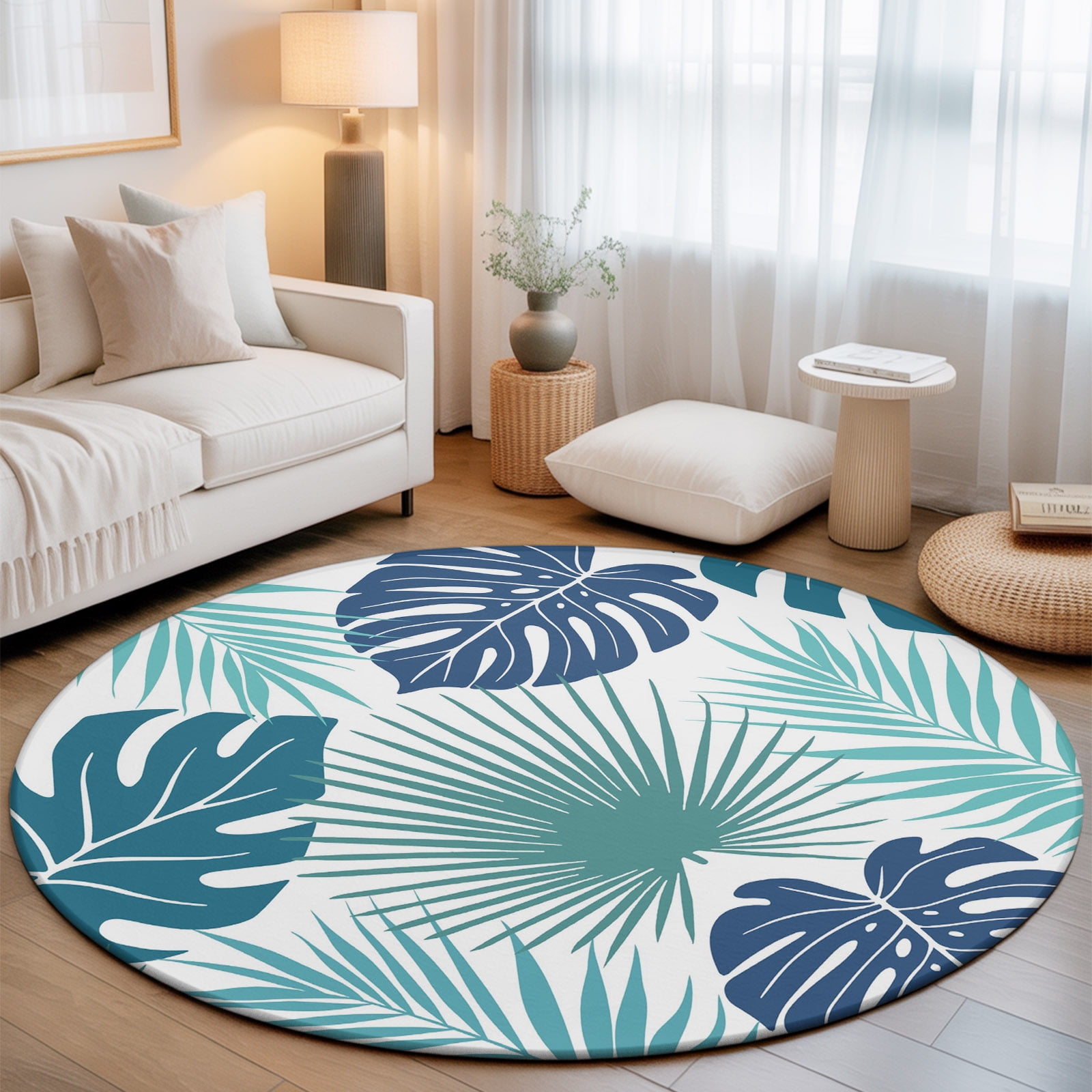Round Area Rug - 3ft Monstera Summer Tropical Leaf Non Slip Washable Circle Carpet Soft Large Floor Rugs for Living Room Bedroom Nursery Office