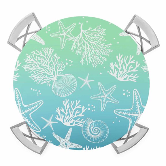 Elastic Fitted Round Tablecloth, Teal Blue Ombre Coastal Waterproof Stretch Table Cover for 55"-60" Tables, Sea Nautical Summer Beach Starfish Coral Washable Outdoor Tablecloths for Patio, Picnic