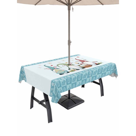 Outdoor Tablecloth with Umbrella Hole and Zipper, Happy Easter Rectangle Table Cloth 60x84 Inch Waterproof Tablecloth, Cute Gnomes Eggs Blue Bunny Flowers Border Picnic Table Cover for Patio Camping
