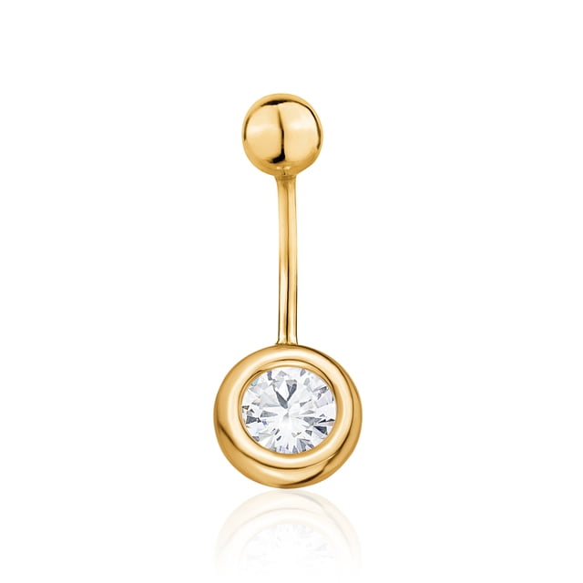 Belly Button Rings 14k Yellow Gold Navel Rings Simulated Diamond Bezel Set Rounded Bevel Stud Body Piercing
