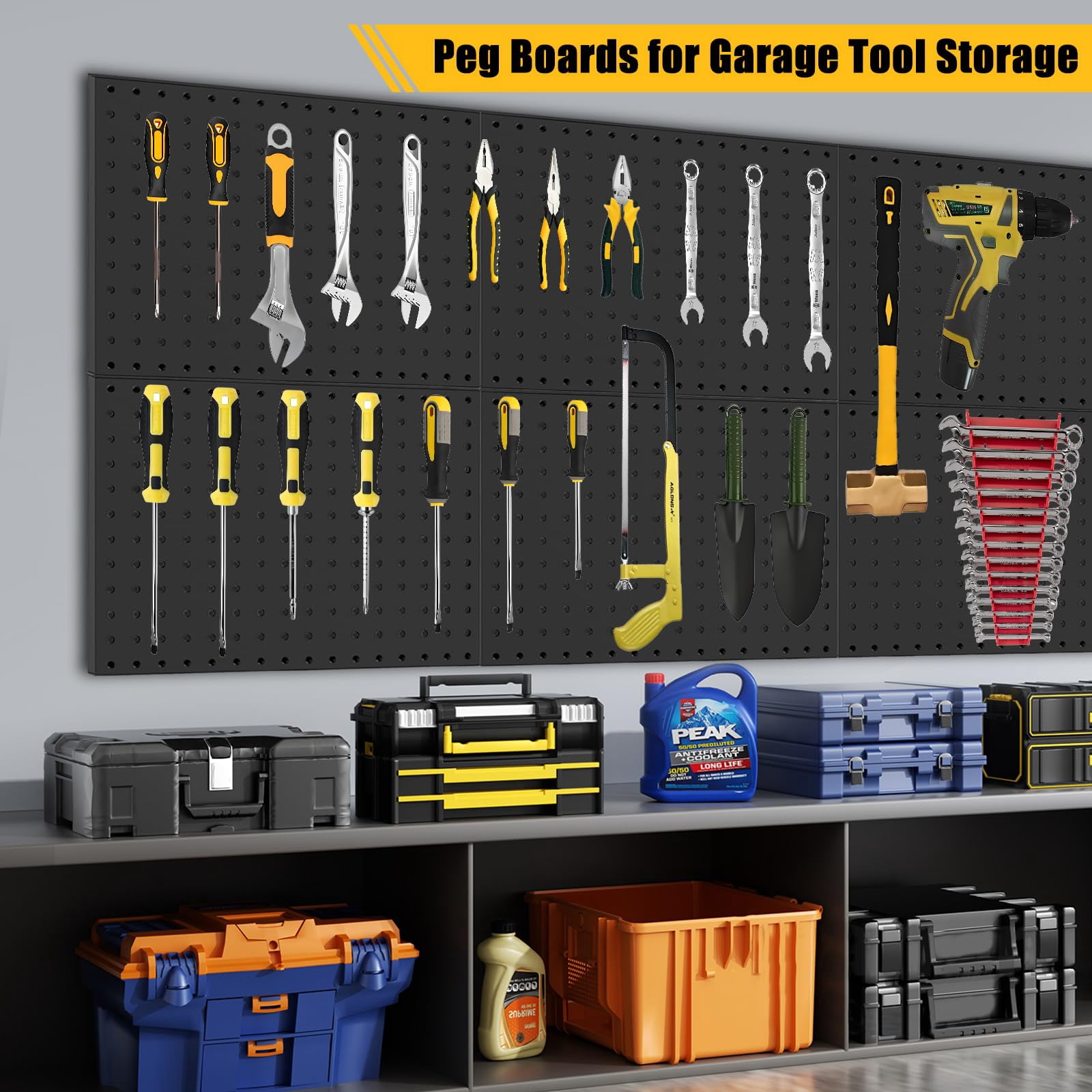 10 Pcs Metal Pegboard Panels, Heavy Duty Peg Boards for Garage and Garden Tool Storage, Includes Drywall Anchors and Screws Kits, Black (10 pcs 16in x 12in)
