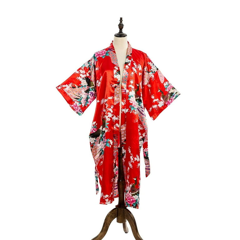 Asian Home Red Satin Silk Kimono Robe, Lightweight Floral Peacock