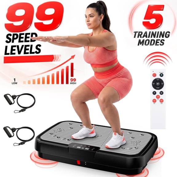 Vibration Plate Exercise Machine, 400 lbs Capacity, 99 Speed Levels Vibration Platform with Resistance Bands, Full Body Vibrating Plate for Home Workouts Low‑Impact Exercise Equipment